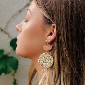 Brown Boho Woven Round Drop Earrings
